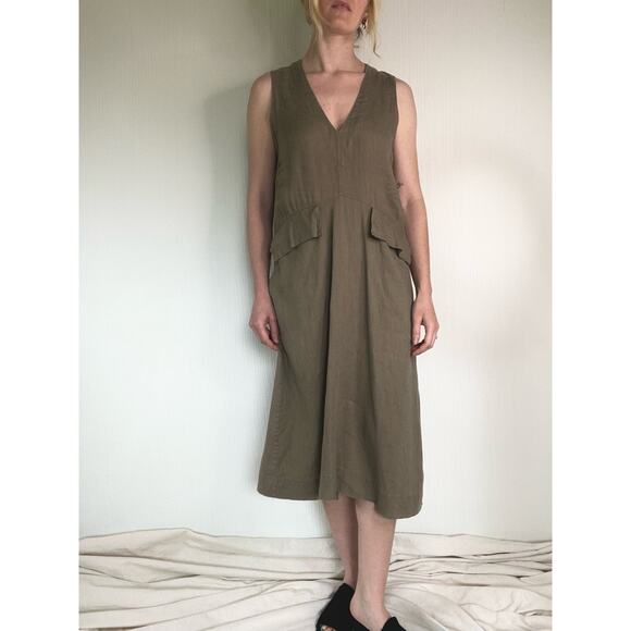 SUGAR CANDY MOUNTAIN Slouched Sleeveless Taupe Green Linen Dress Oversized US XS - Picture 2 of 13